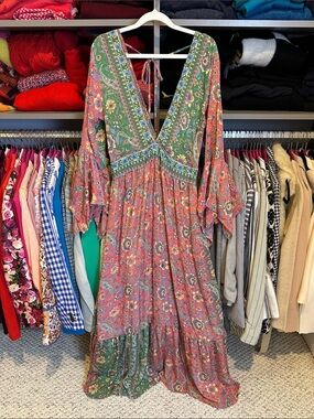 Marisima pink/green floral deep v neck smocked long sleeve maxi dress size M